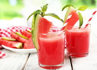 Watermelon cocktail on table, close-up