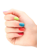 Woman hand with bright manicure, isolated on white