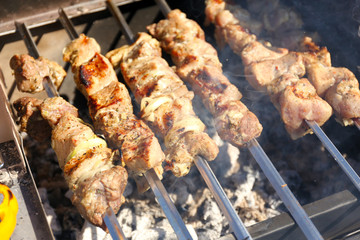 Skewers on barbecue grill, close-up