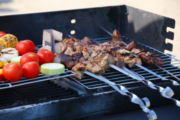 Skewers and vegetables on barbecue grill, close-up