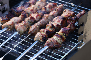 Skewers on barbecue grill, close-up