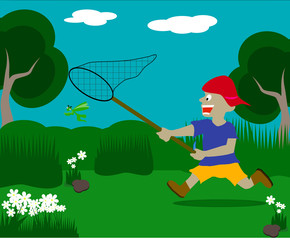 Boy catching grasshopper
