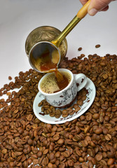 greek turkish arabic cup of coffee, pouring hot