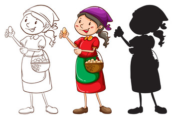 A sketch of a female vendor in different colors
