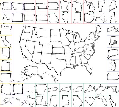 アメリカの地図　手書き　書　筆絵