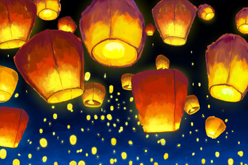 Floating lantern in night sky