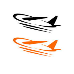Flying airplane - stylized vector illustration. Grey icon on whi