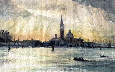 Naklejka premium Sunset in Venice.Picture created with watercolots.