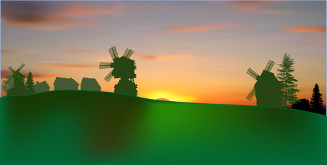 Naklejka na ściany i meble green landscape with three windmills