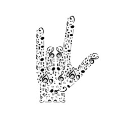 Human hand with musical notes and elements for art design. Vecto