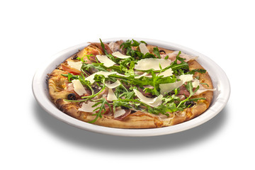 Delicious pizza with salami, herbs and cheese