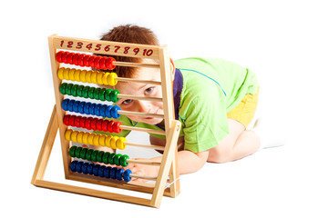 jolly baby boy with abacus isolated on white background