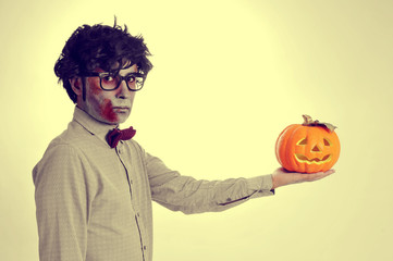 hipster zombie with a jack-o-lantern, with a retro effect