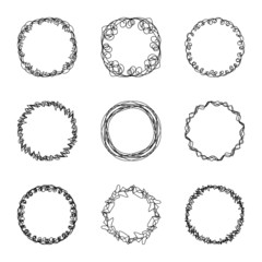 set of nine abstract chaotic round frame brush sketch