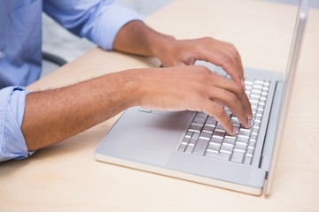 Mid section of businessman using laptop at desk