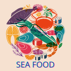 Seafood Graphic with Various Fish and Shellfish