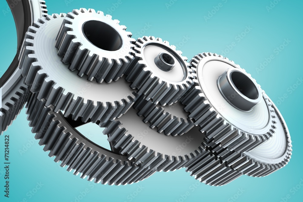 Poster composite image of metal cogs and wheels connecting