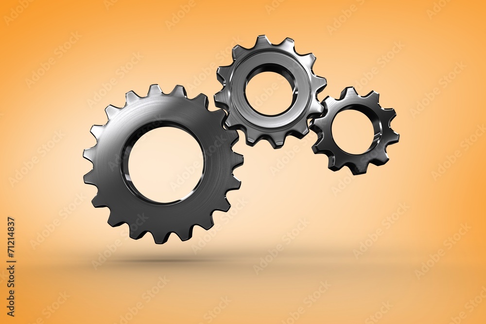 Poster composite image of metal cogs and wheels connecting