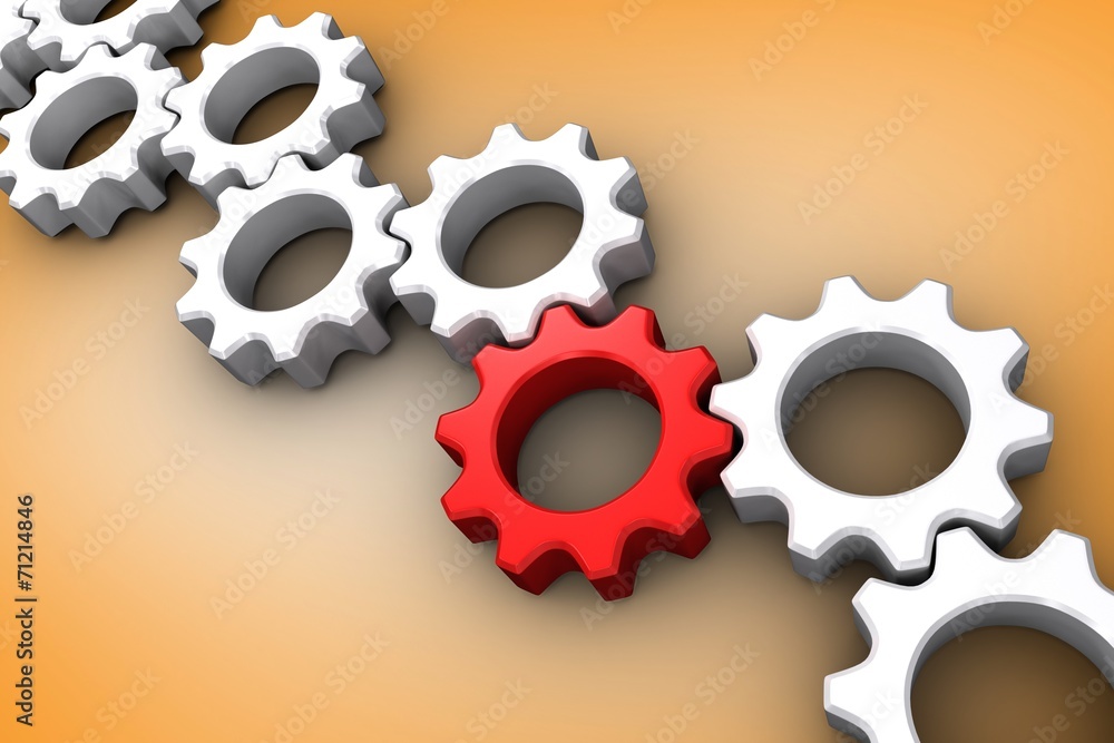 Poster Composite image of red and white cogs and wheels