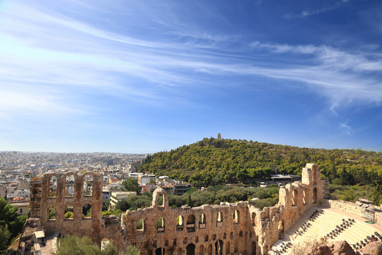 Herodion ruins with cityscape view, Athens Greece