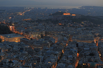 Fototapeta premium Cityscape aerial view at night, Athens Greece