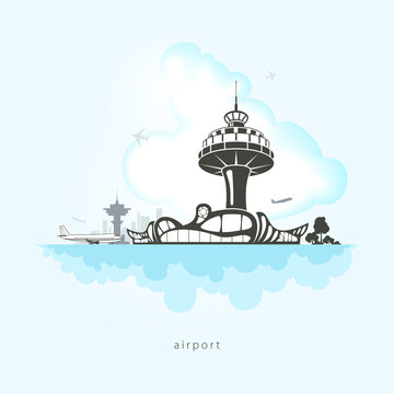 Airport with planes, vector illustration