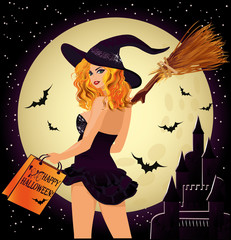 Halloween sale. Sexual shopping witch and castle