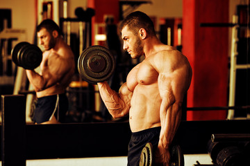Fototapeta na wymiar bodybuilder training gym, biceps curls