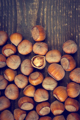 Hazelnut broken up on a wooden board