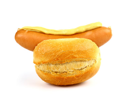 German sausage with bun and mustard