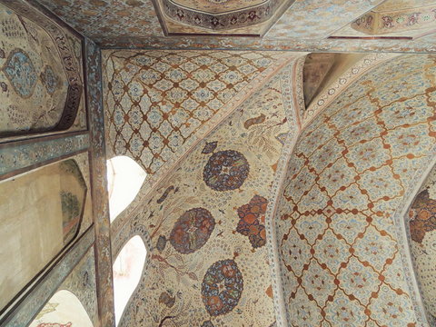 Isfahan palace corner with beautiful Islamic designs on ceiling