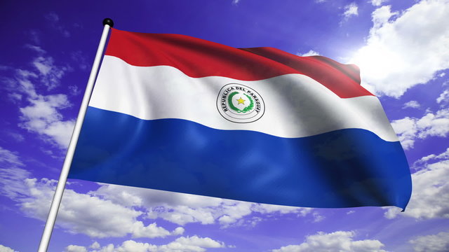 flag of Paraguay with fabric structure against a cloudy sky