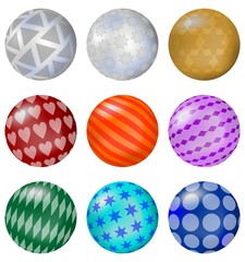 A set of colorful balls with patterns