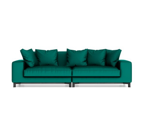 Isolated contemporary green sofa with cushions