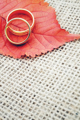 Vertical image of gold wedding rings with. autumn leaves on fabric background.Autumn wedding...