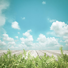 Leaves with wood plank on blue sky background-retro style effect