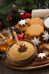 Fototapeta na wymiar Christmas cookies and ingredients for baking, close-up, vertical