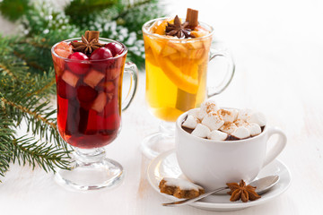 Christmas drinks - hot chocolate with marshmallows, mulled wine