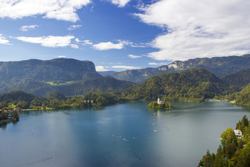 Fototapeta na wymiar Panoramic view of Bled Lake, Slovenia, Europe