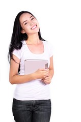 Asian women student with computer tablet isolated