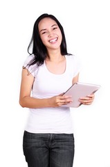 Asian women student with computer tablet isolated