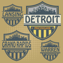 Label set with names of Michigan cities, vector