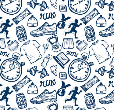 Run Icons Pattern Set In Doodle Style, Hand Drawing