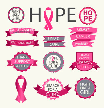 Breast cancer awareness ribbons and badges, vector illustration
