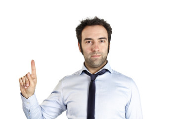 Businessman pointing with his finger on white background