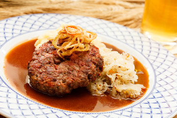 beef cutlet with mashed potatoes and cabbage