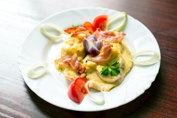 Delicious food on white plate