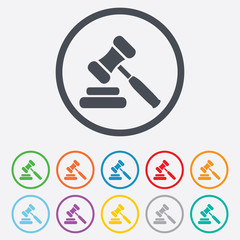 Auction hammer icon. Law judge gavel symbol.