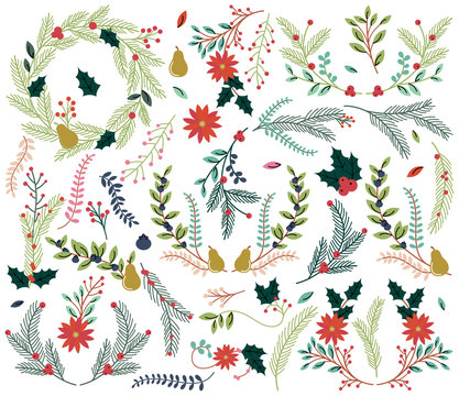 Vector Collection of Vintage Style Hand Drawn Christmas Holiday 