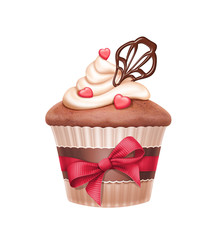 cupcake with red ribbon bow, Valentines day illustration